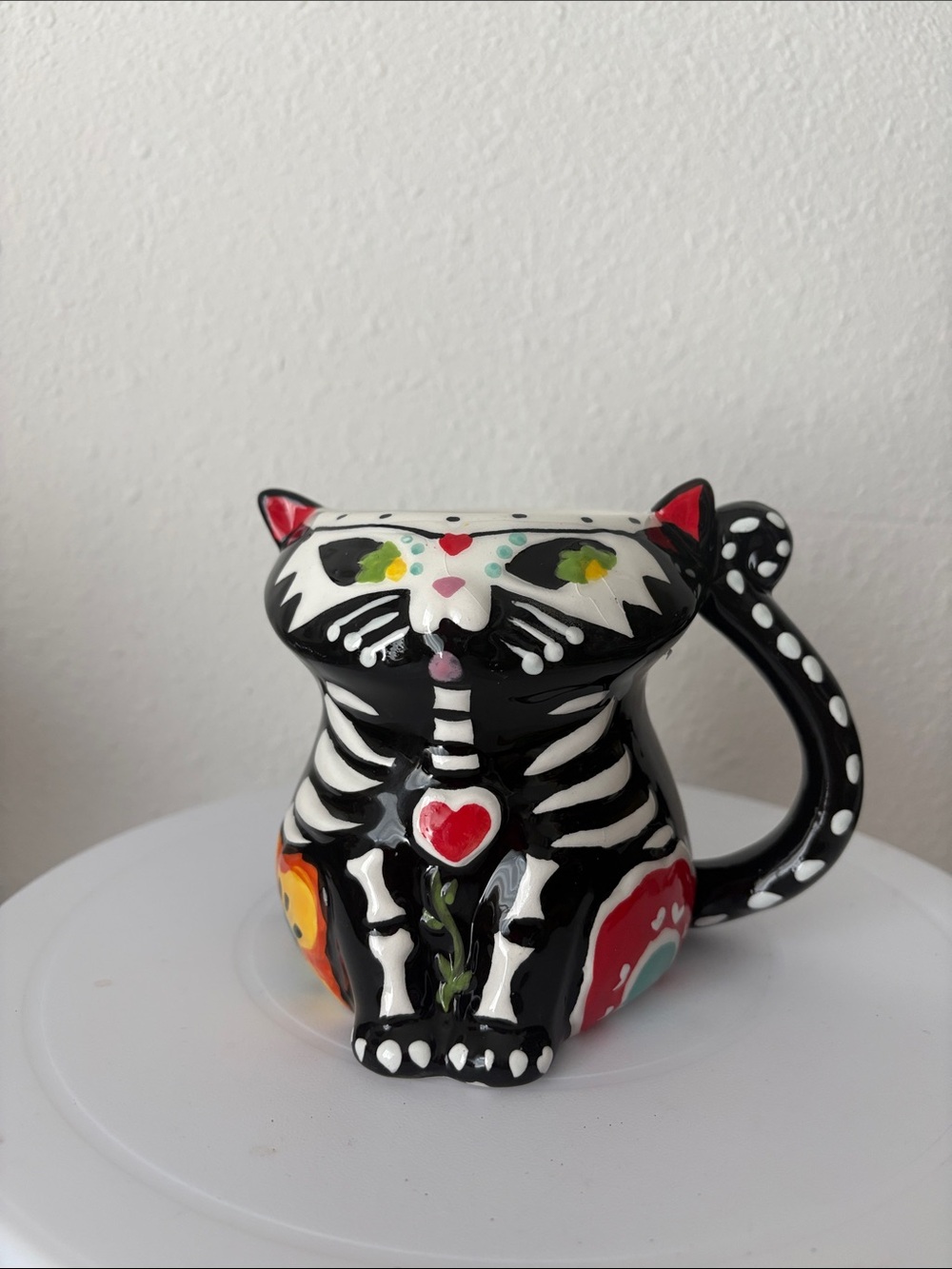 Hand-Painted Black Ceramic Cat Mug with Colorful Day-of-the-Dead Design